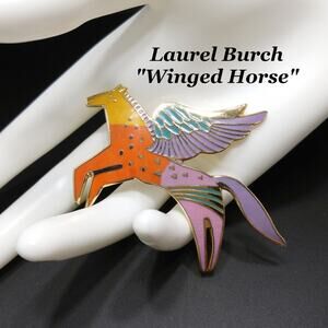 Laurel Burch "Winged Horse" Brooch, Gold Plated Cloisonné, Colorful Enamel